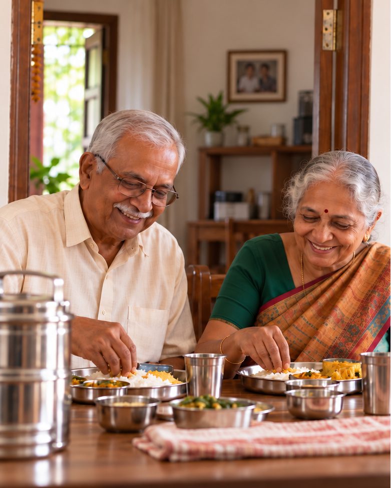 An elderly couple smiling as they share a home-style meal at their dining table
