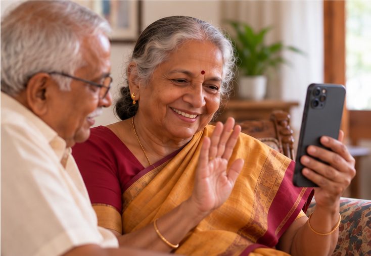 An elderly couple at home waving on a video call